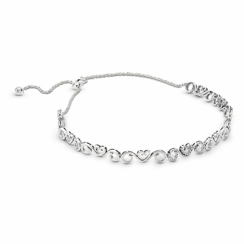 Pandora Heart Swirls Choker Necklace Ireland - Sterling Silver/Silicone/Cubic Zirconia - 609837HMJ